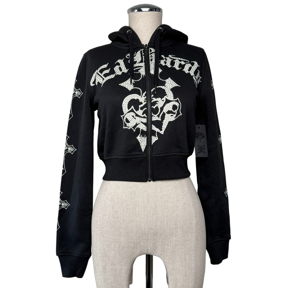 Ed Hardy Crosses Zip Front Rhinestone Hoodie Cropped Skull Gothic Black